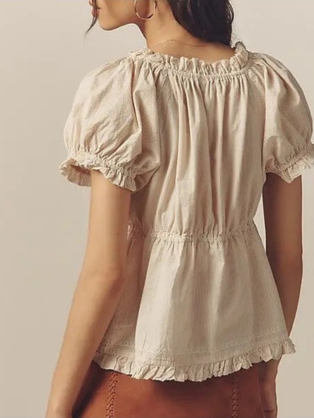 Anthropologie Puff-Sleeve Embroidered Babydoll Top tan and cream stripes Sz XL - Picture 3 of 16